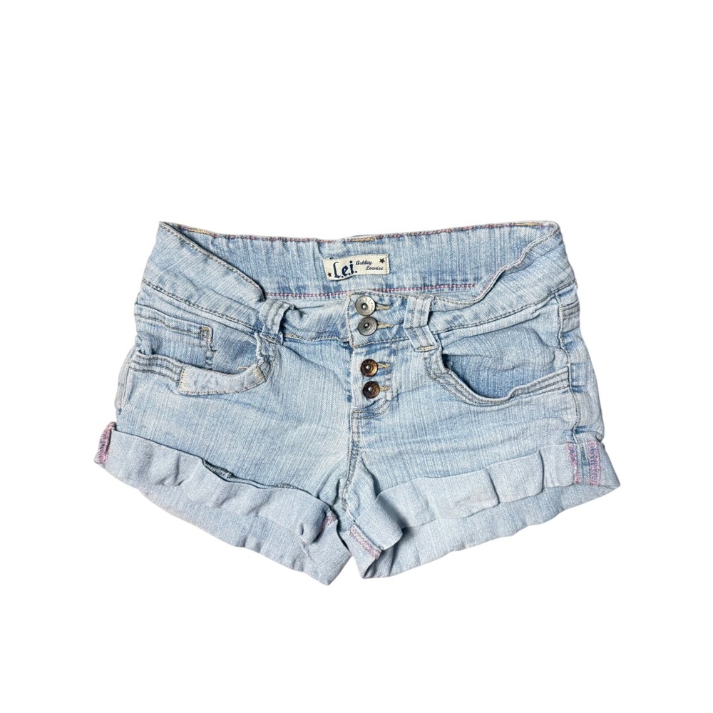 Lei Ashley Low Rise Light‎ Wash Denim Cuffed Shorts Pink Stitching